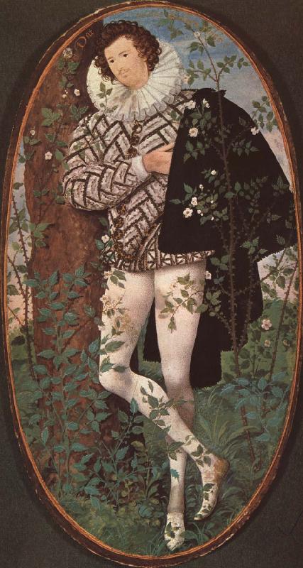 unknow artist An unknown youth leaning against a tree among roses